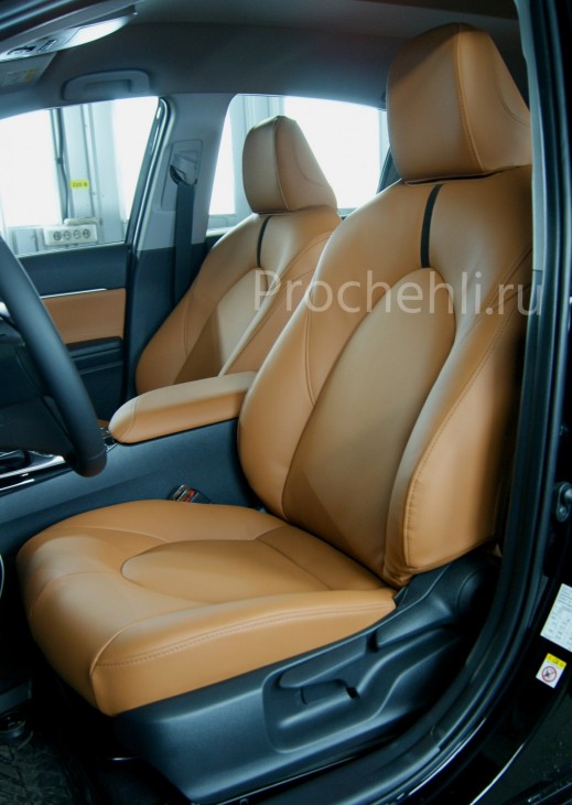 Каркасные чехлы на Toyota Camry 8 (V70) c эффектом перетяжки из рыже-коричневой кожи наппа №4