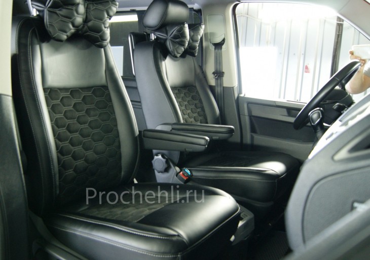 Каркасные чехлы на VW Transporter/Caravelle (T6) из черной экокожи с алькантарой №2