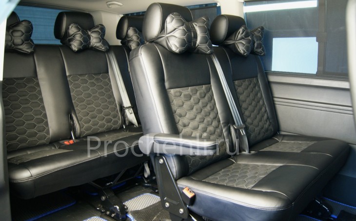 Каркасные чехлы на VW Transporter/Caravelle (T6) из черной экокожи с алькантарой №3