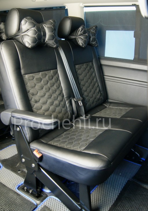 Каркасные чехлы на VW Transporter/Caravelle (T6) из черной экокожи с алькантарой №5