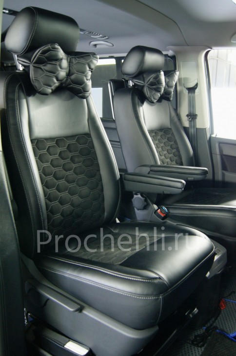Каркасные чехлы на VW Transporter/Caravelle (T6) из черной экокожи с алькантарой №6