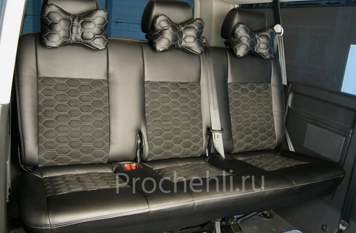 Каркасные чехлы на VW Transporter/Caravelle (T6) из черной экокожи с алькантарой №8