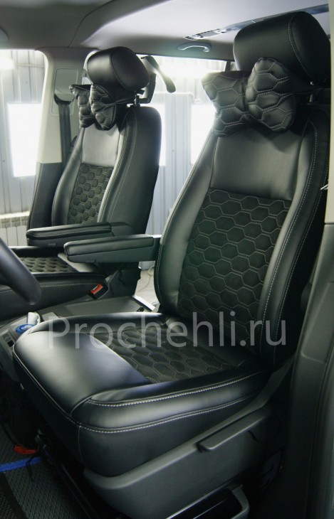 Каркасные чехлы на VW Transporter/Caravelle (T6) из черной экокожи с алькантарой №9