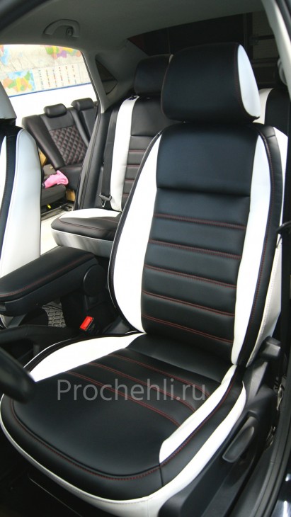 Каркасные чехлы на VW Polo sedan из черной и белой экокожи №7