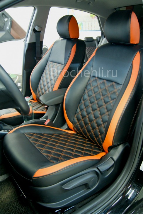 Каркасные авточехлы на Hyundai Solaris 2 из черной и оранжевой экокожи №3