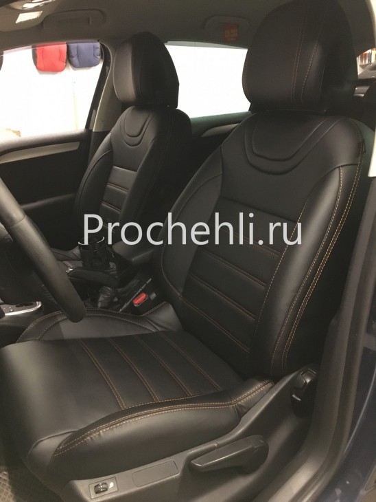 Каркасные чехлы для Citroen C4 из черной экокожи с рыжей ниткой №1