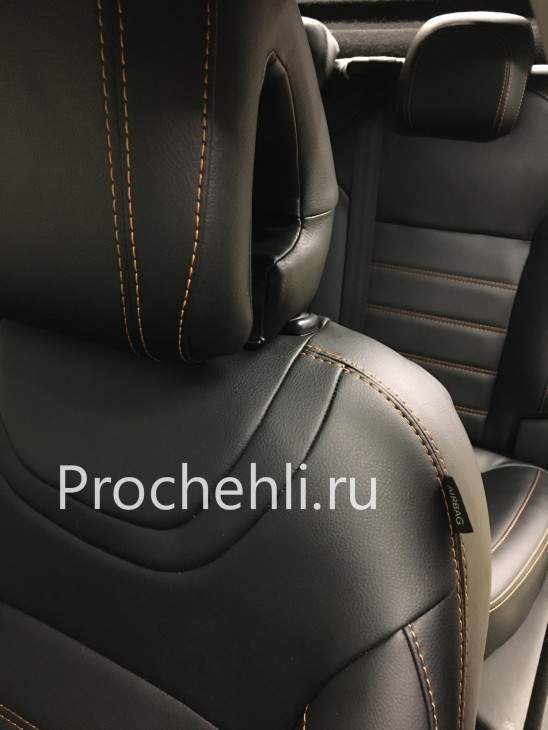 Каркасные чехлы для Citroen C4 из черной экокожи с рыжей ниткой №2
