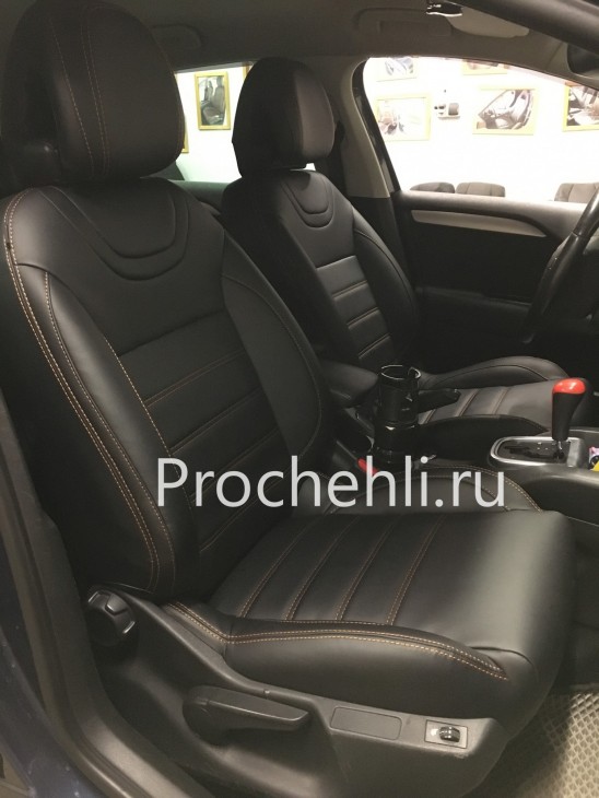 Каркасные чехлы для Citroen C4 из черной экокожи с рыжей ниткой №6