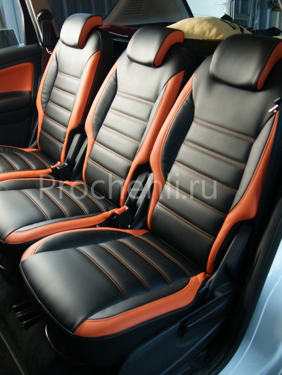 Чехлы на Ford S-Max с эффектом перетяжки из черной и оранжевой экокожи №8